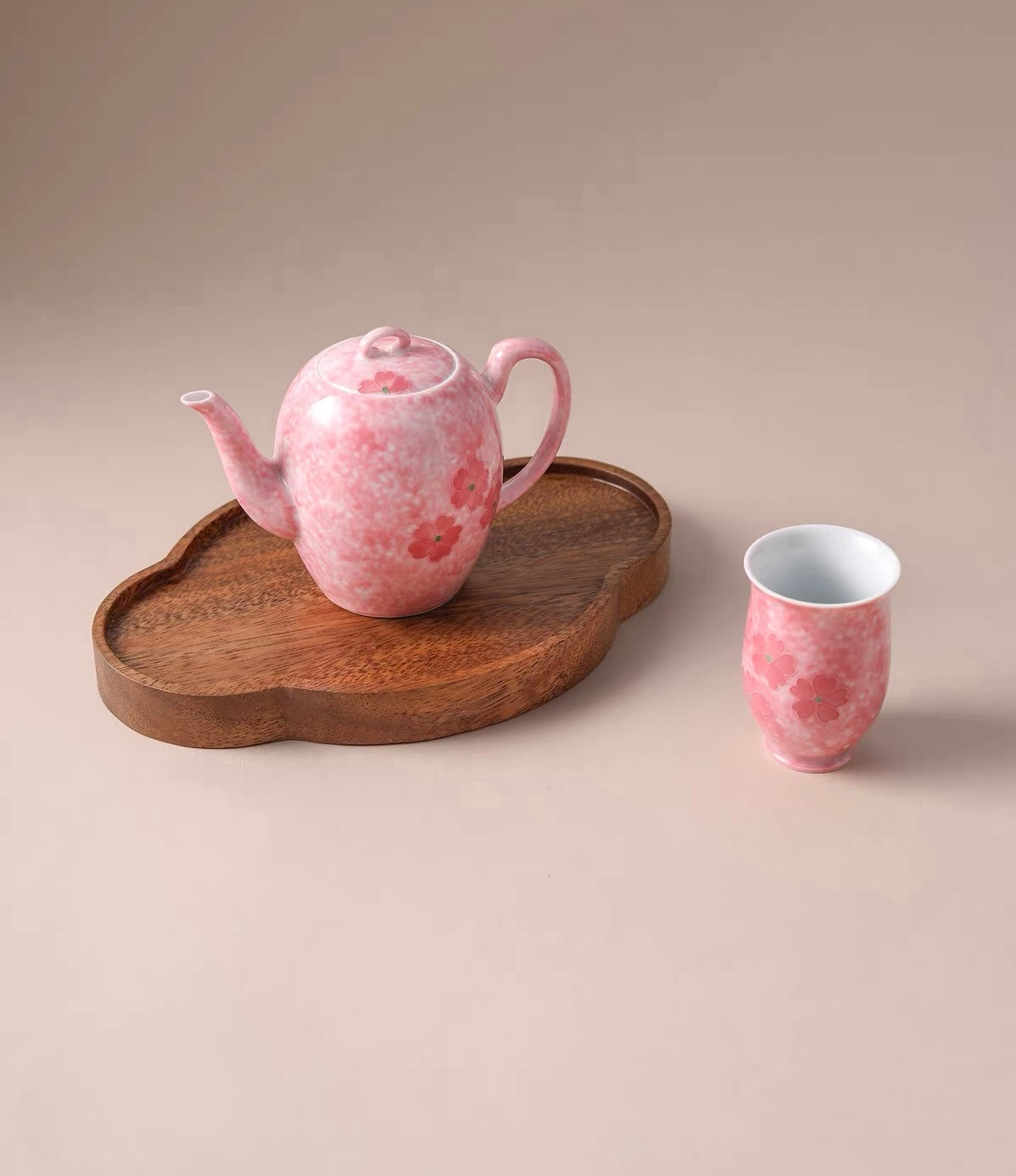 Sakura Solo Tea Set – Hand-Painted Yingqing Porcelain Teapot & Cup for One, Includes One Teapot and One Matching Cup