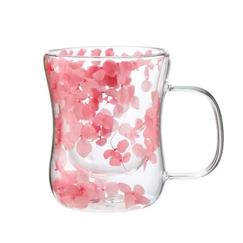 250ml High Borosilicate Double-Wall Heat-Resistant Insulated Glass Mug - Hourglass-Shape Slim Profile Floral Tea Cup with Genuine Preserved Flower Layer for Tea Lovers, Glassware Drinkware, Dining