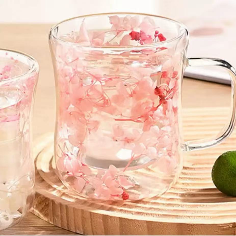 250ml High Borosilicate Double-Wall Heat-Resistant Insulated Glass Mug - Hourglass-Shape Slim Profile Floral Tea Cup with Genuine Preserved Flower Layer for Tea Lovers, Glassware Drinkware, Dining