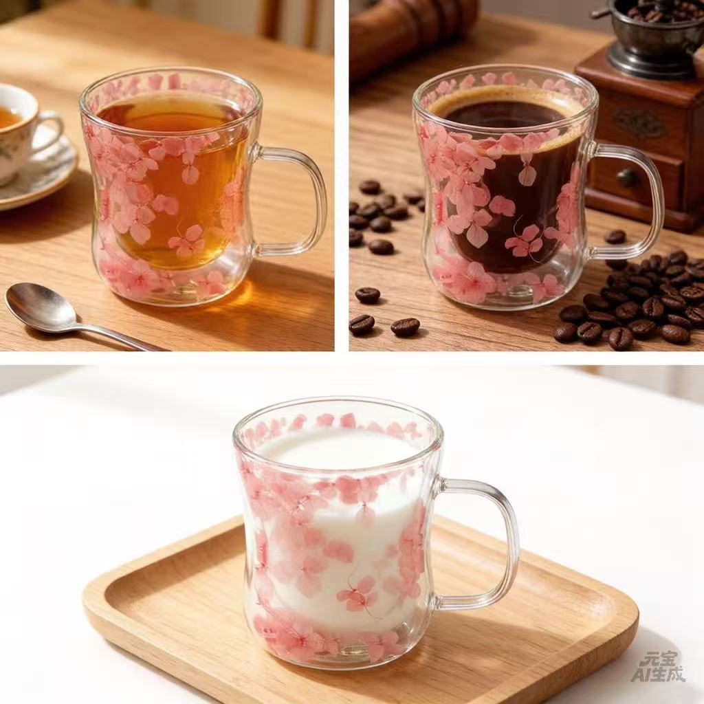 250ml High Borosilicate Double-Wall Heat-Resistant Insulated Glass Mug - Hourglass-Shape Slim Profile Floral Tea Cup with Genuine Preserved Flower Layer for Tea Lovers, Glassware Drinkware, Dining