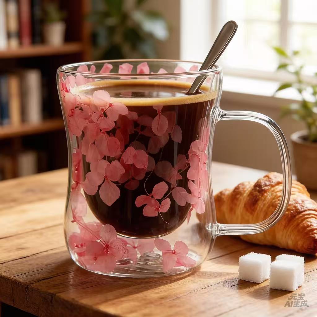 250ml High Borosilicate Double-Wall Heat-Resistant Insulated Glass Mug - Hourglass-Shape Slim Profile Floral Tea Cup with Genuine Preserved Flower Layer for Tea Lovers, Glassware Drinkware, Dining