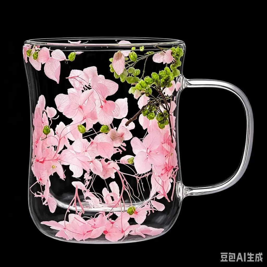 200ml High Borosilicate Double-Wall Heat-Resistant Insulated Glass Mug - Hourglass-Shape Slim Profile Floral Tea Cup with Genuine Preserved Flower Layer for Tea Lovers, Glassware Drinkware, Dining