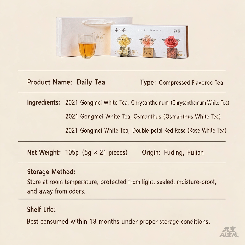 Fuding White Tea 2021 Gongmei Herbal Tea Cake – Osmanthus, Chrysanthemum & Rose Mini Square Biscuit Tea 105g
