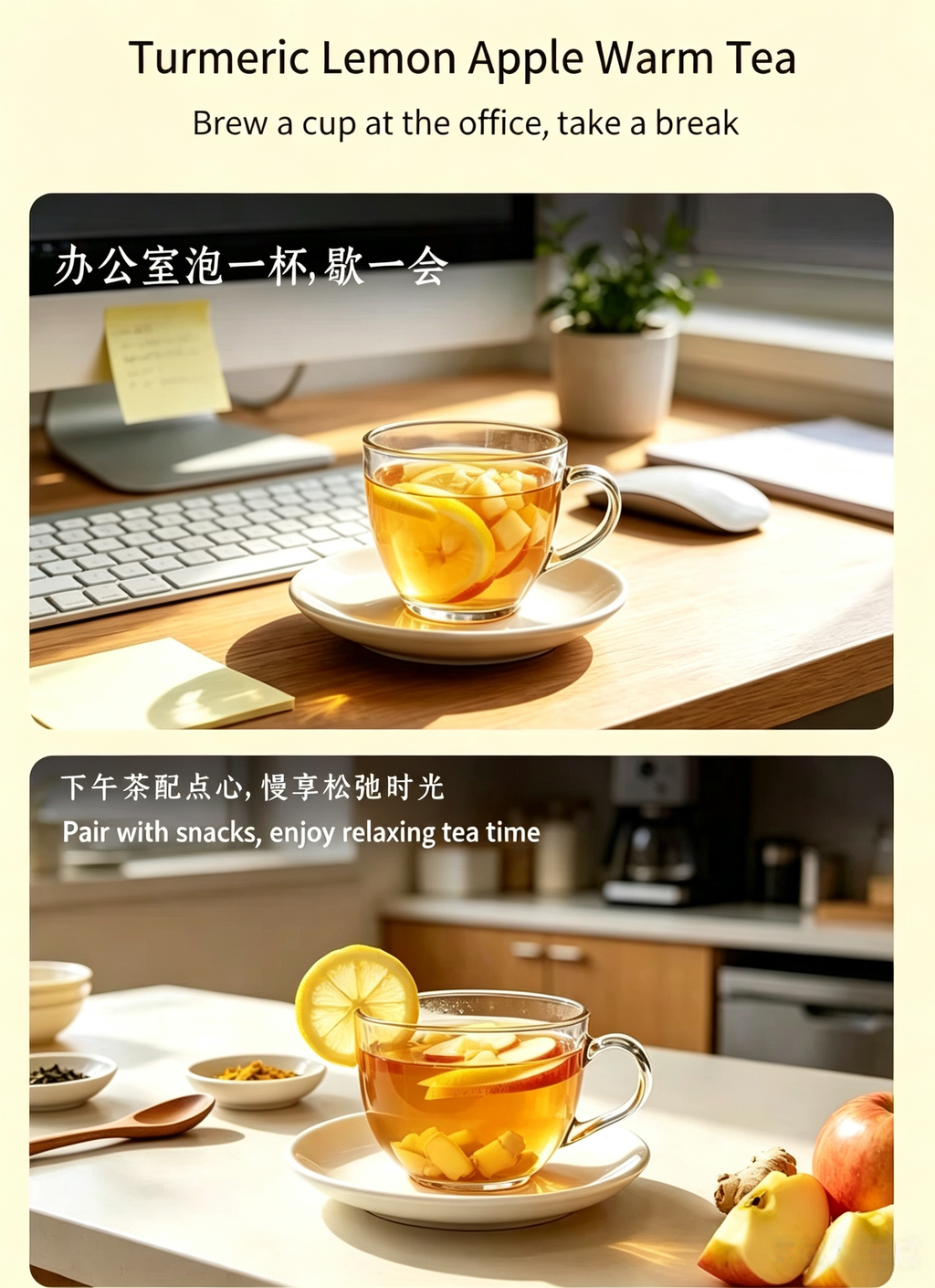 Turmeric Lemon Apple Warm Tea – Orange Slices Turmeric Tea Brew Instant Fruit & Flower Tea with Little Yellow Ginger, 25g × 7 Bags