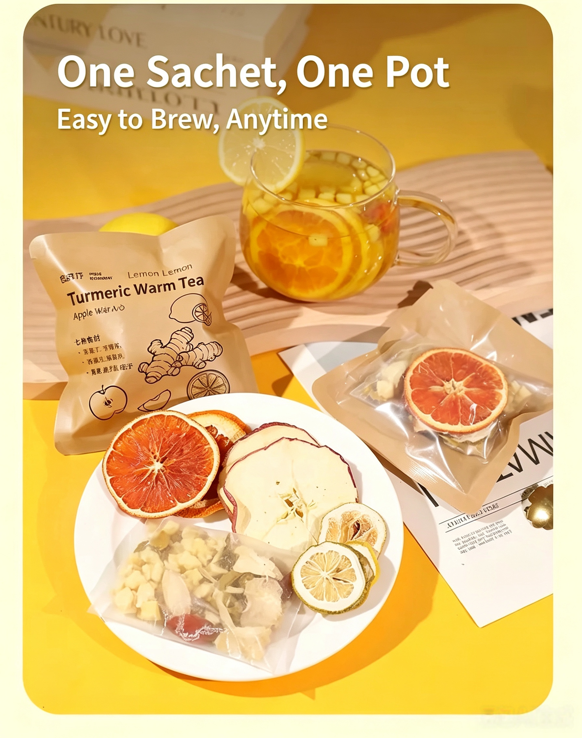 Turmeric Lemon Apple Warm Tea – Orange Slices Turmeric Tea Brew Instant Fruit & Flower Tea with Little Yellow Ginger, 25g × 7 Bags