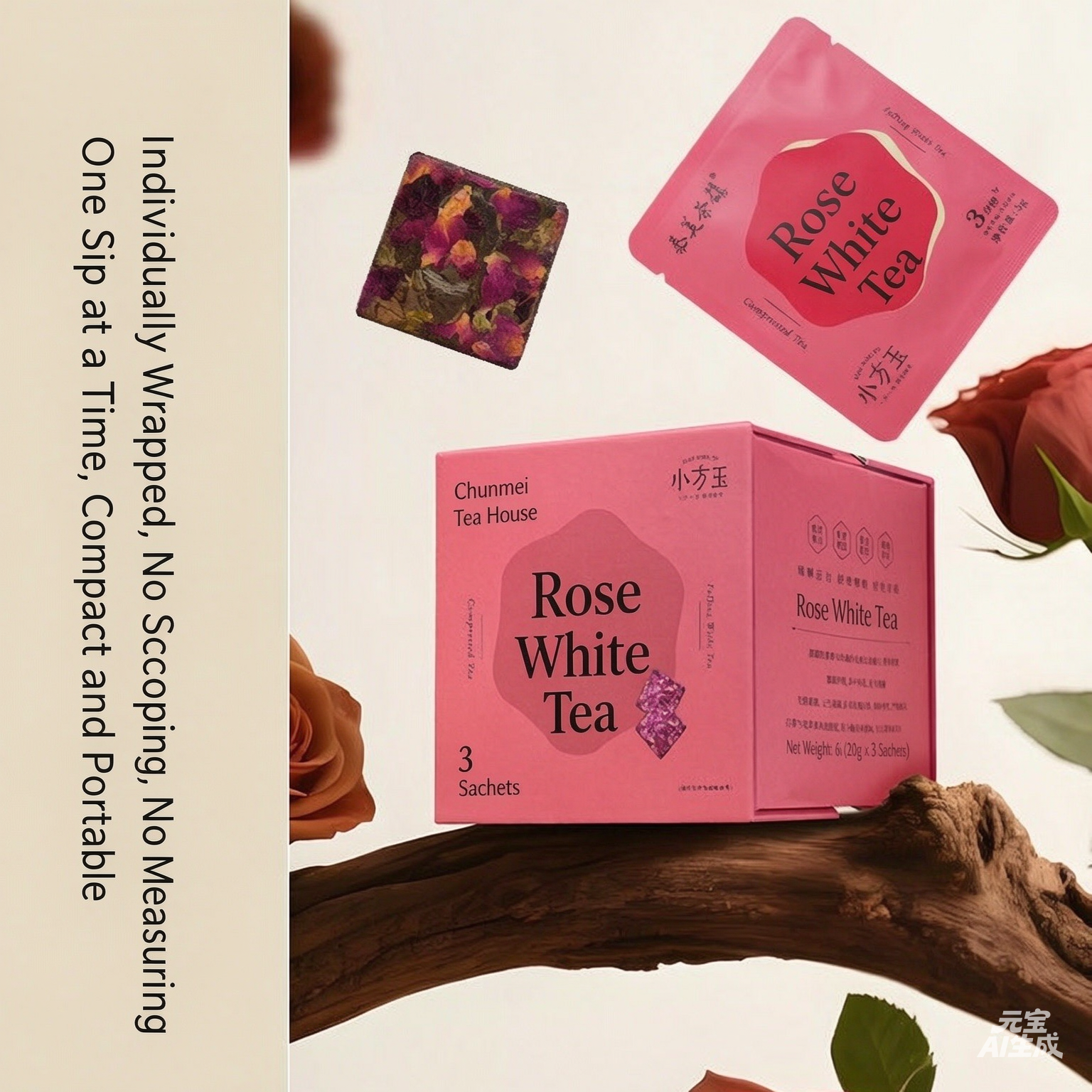FuDing Tea Town Xiao Fang Yu Rose White Tea (2021 Gongmei & Double-Petaled Red Rose) Compressed Square Tea, 60g (5g×12pcs)