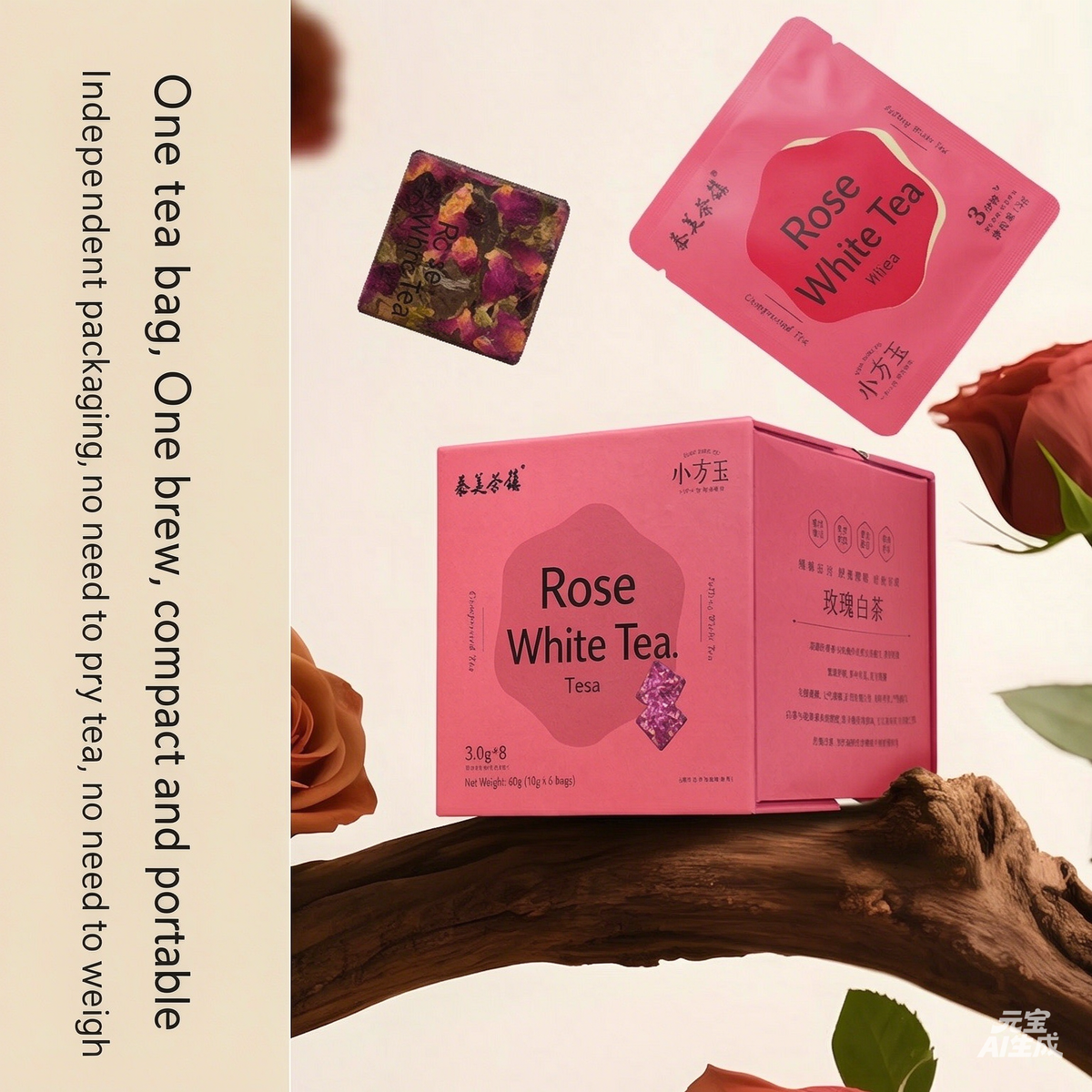 FuDing Tea Town Xiao Fang Yu Rose White Tea (2021 Gongmei & Double-Petaled Red Rose) Compressed Square Tea, 60g (5g×12pcs)