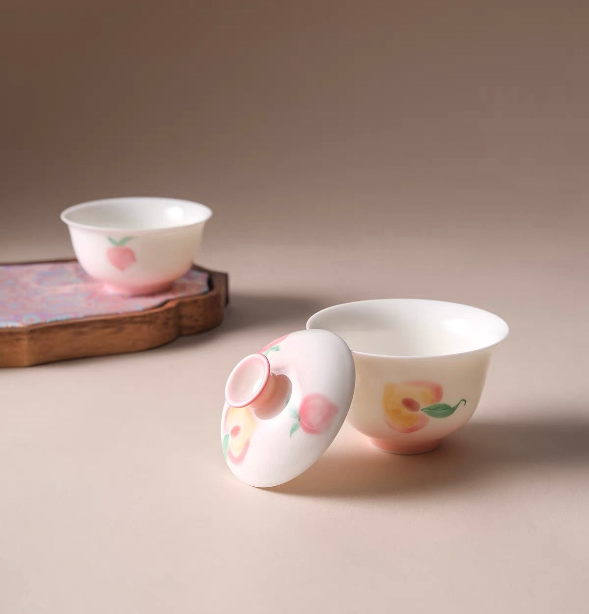 120ml Hand-Painted Peach Porcelain Gaiwan & Cup Set New Chinese Style Ceramic Tea Bowl High Aesthetic Gift for Women