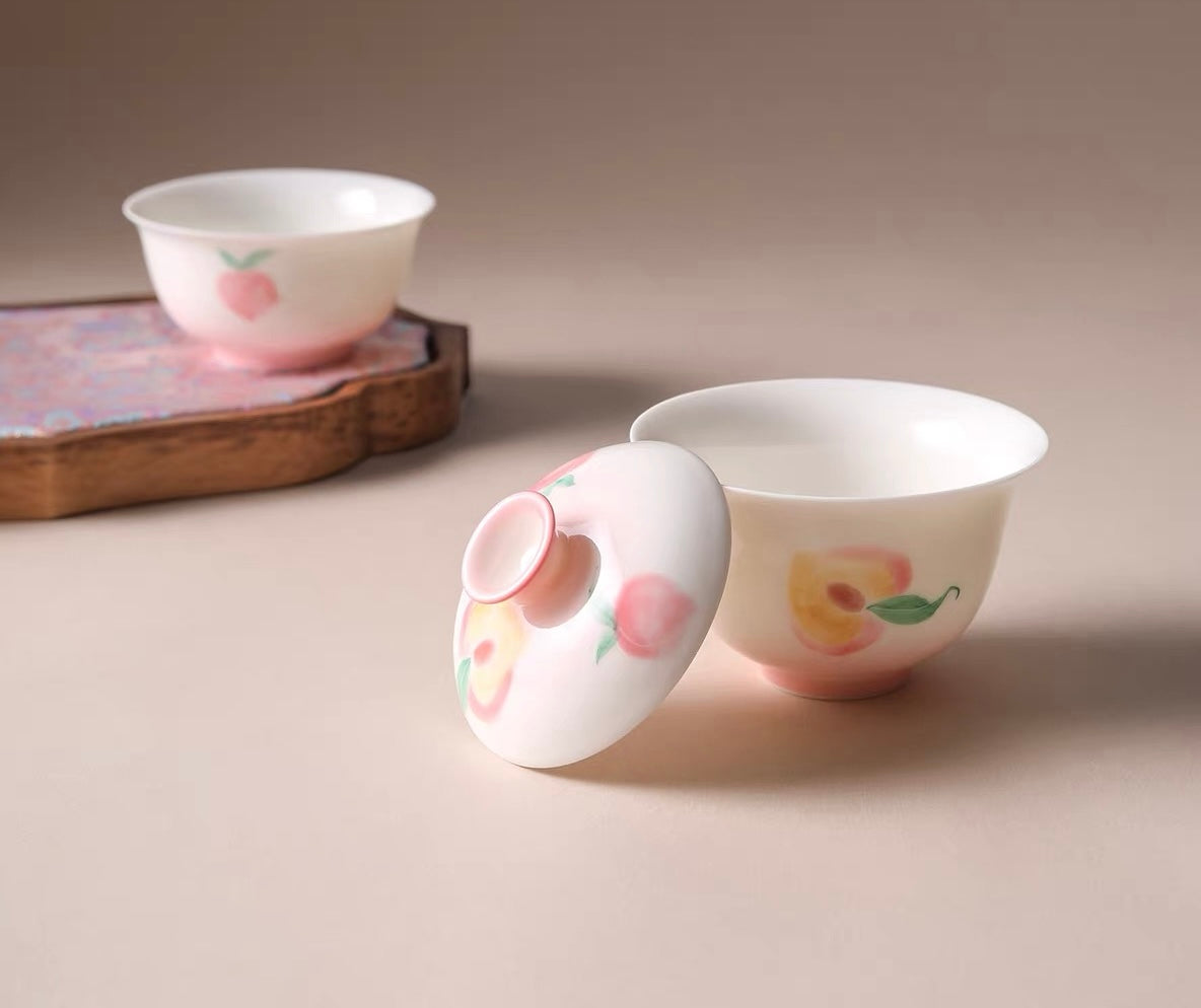 120ml Hand-Painted Peach Porcelain Gaiwan & Cup Set New Chinese Style Ceramic Tea Bowl High Aesthetic Gift for Women