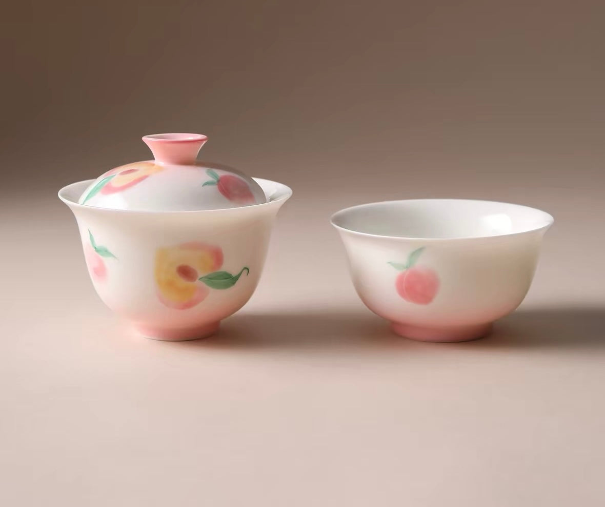 120ml Hand-Painted Peach Porcelain Gaiwan & Cup Set New Chinese Style Ceramic Tea Bowl High Aesthetic Gift for Women