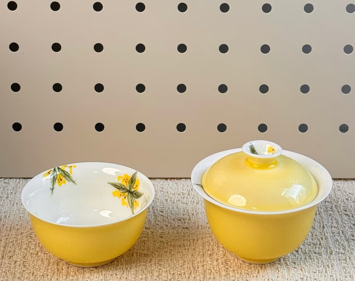Exquisite Hand-painted Golden Osmanthus Ceramic Gaiwan Set | Premium Bright Yellow Kung Fu Tea Cup, Luxury Porcelain Teaware for Connoisseurs