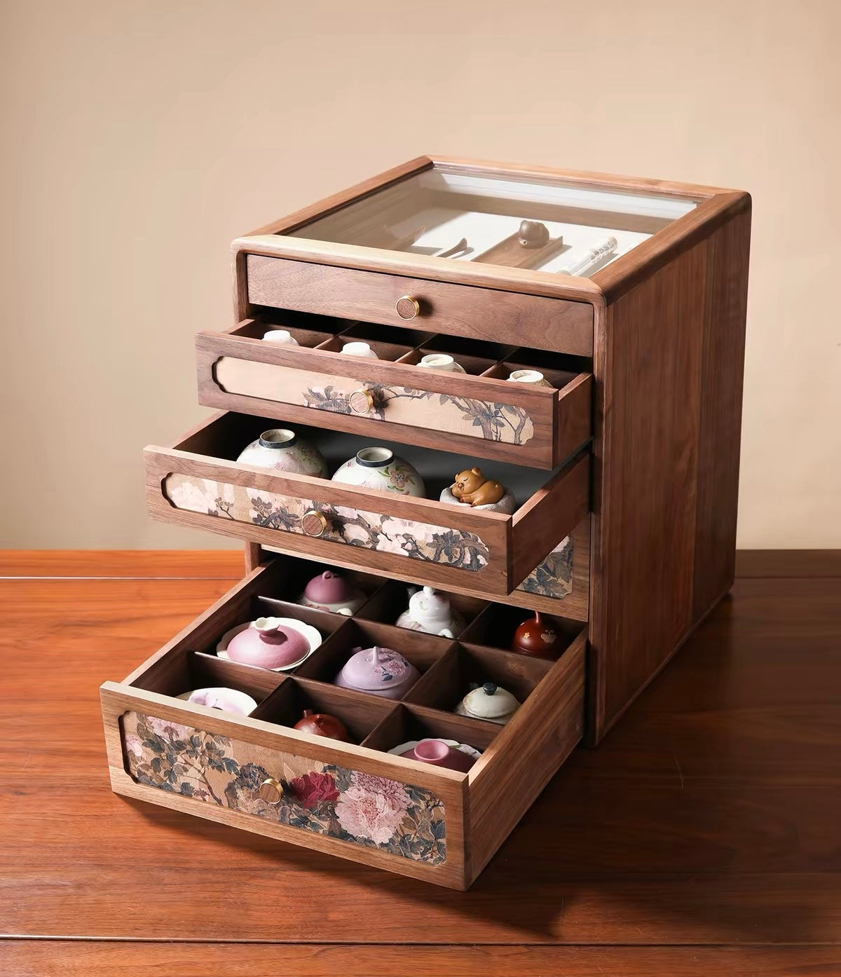 Curio cabinet, curio display shelf, black walnut antique painting tea set display cabinet, Chinese-style solid wood tea cabinett
