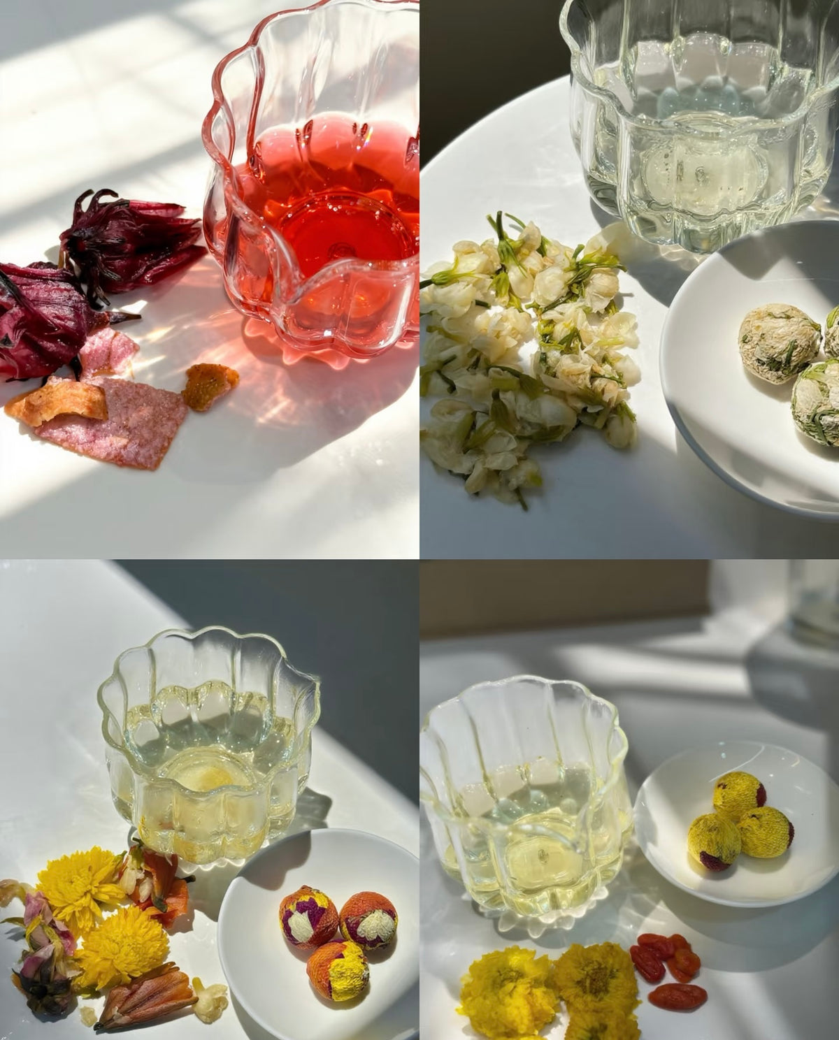 Handcrafted Dragon Ball Flower Tea – Four Flavors Gift Set (Chrysanthemum & Goji Berry + Hibiscus & Aged Tangerine Peel + Pure Jasmine + Hundred Flowers Ball)