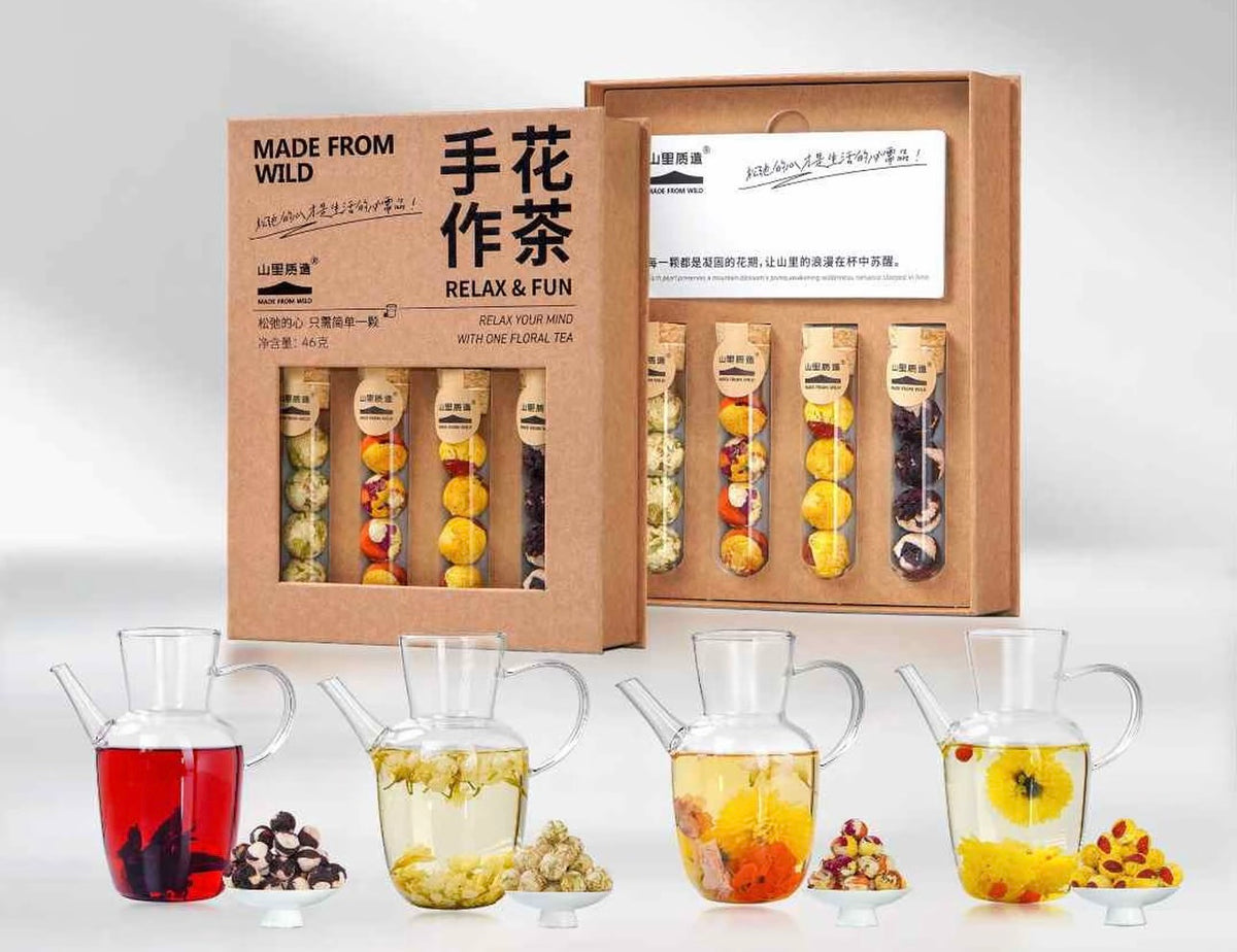 Handcrafted Dragon Ball Flower Tea – Four Flavors Gift Set (Chrysanthemum & Goji Berry + Hibiscus & Aged Tangerine Peel + Pure Jasmine + Hundred Flowers Ball)