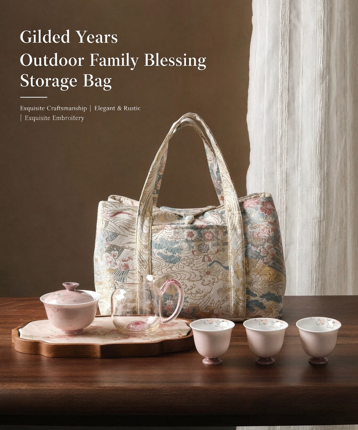 2026 New Arrival Outdoor Tea Set Storage Bag | Traditional Jacquard Portable Tote | Elegant Versatile Travel Organizer