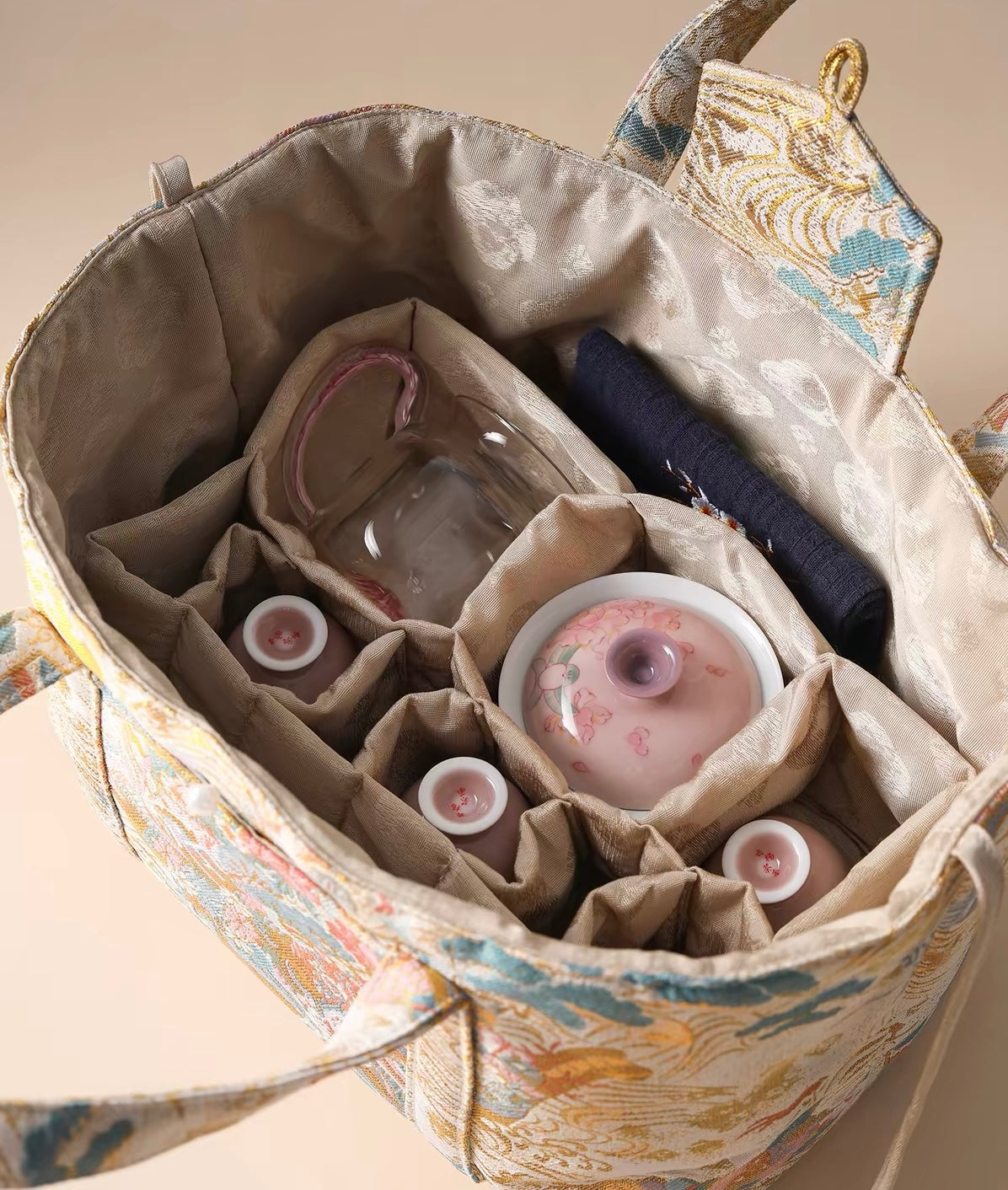 2026 New Arrival Outdoor Tea Set Storage Bag | Traditional Jacquard Portable Tote | Elegant Versatile Travel Organizer