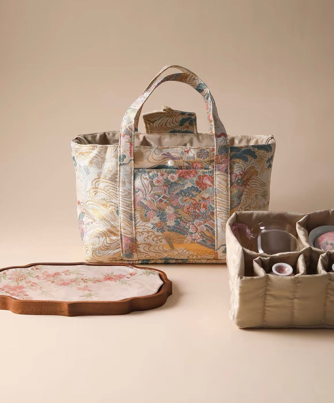 2026 New Arrival Outdoor Tea Set Storage Bag | Traditional Jacquard Portable Tote | Elegant Versatile Travel Organizer