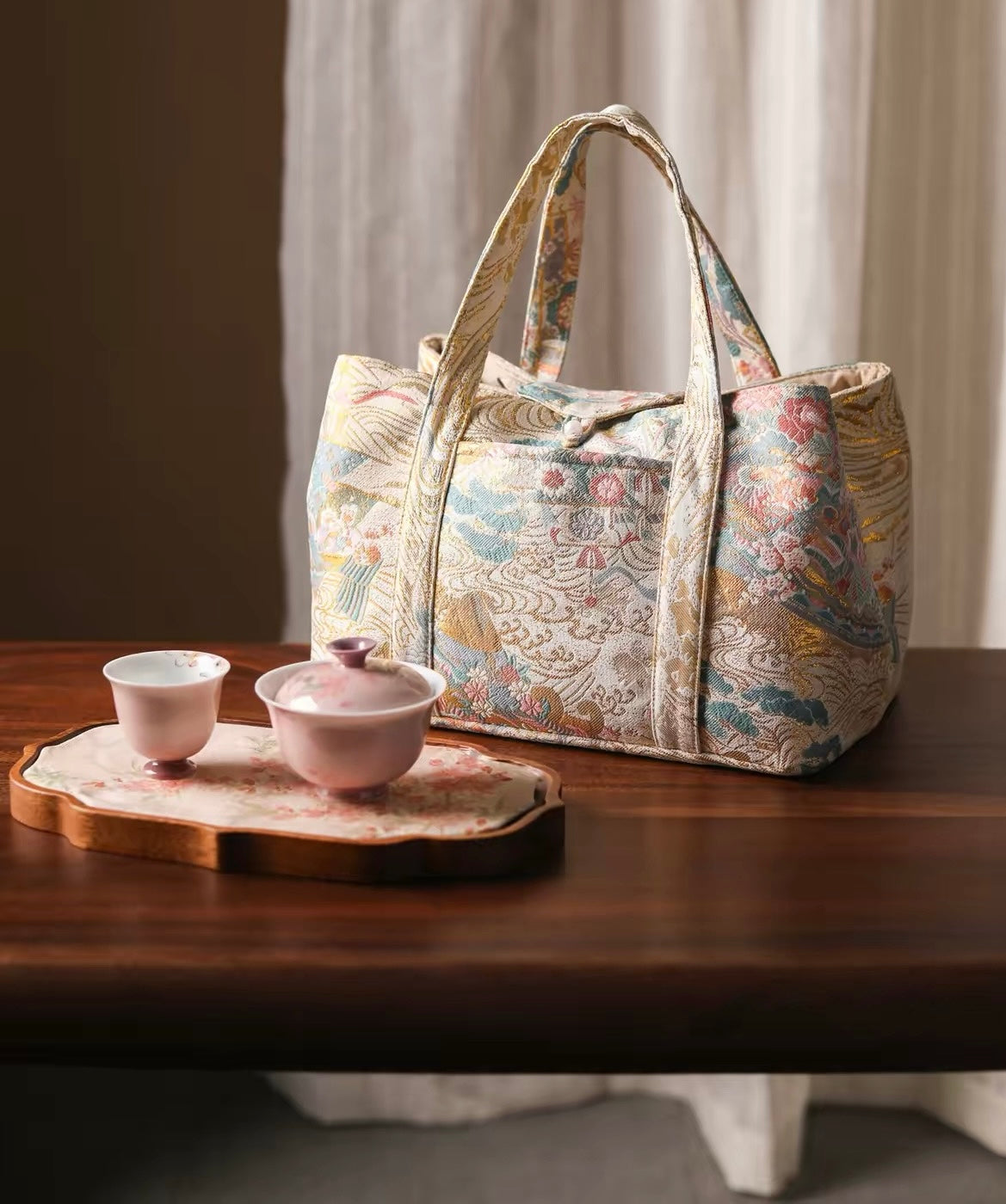 2026 New Arrival Outdoor Tea Set Storage Bag | Traditional Jacquard Portable Tote | Elegant Versatile Travel Organizer