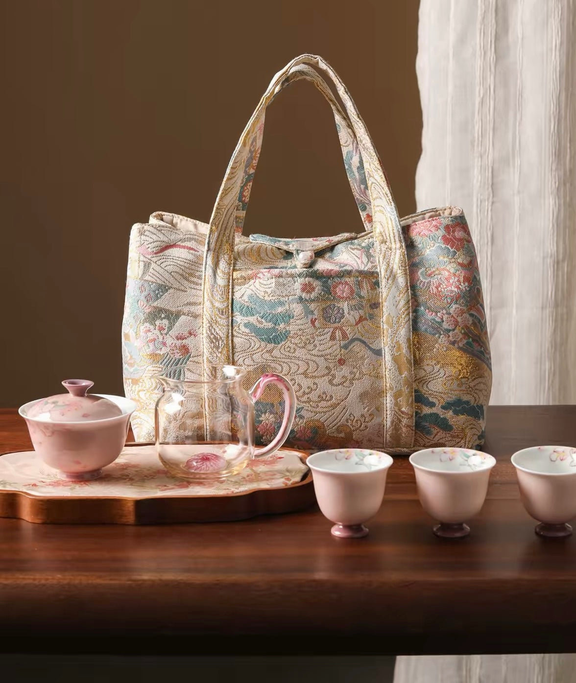 2026 New Arrival Outdoor Tea Set Storage Bag | Traditional Jacquard Portable Tote | Elegant Versatile Travel Organizer