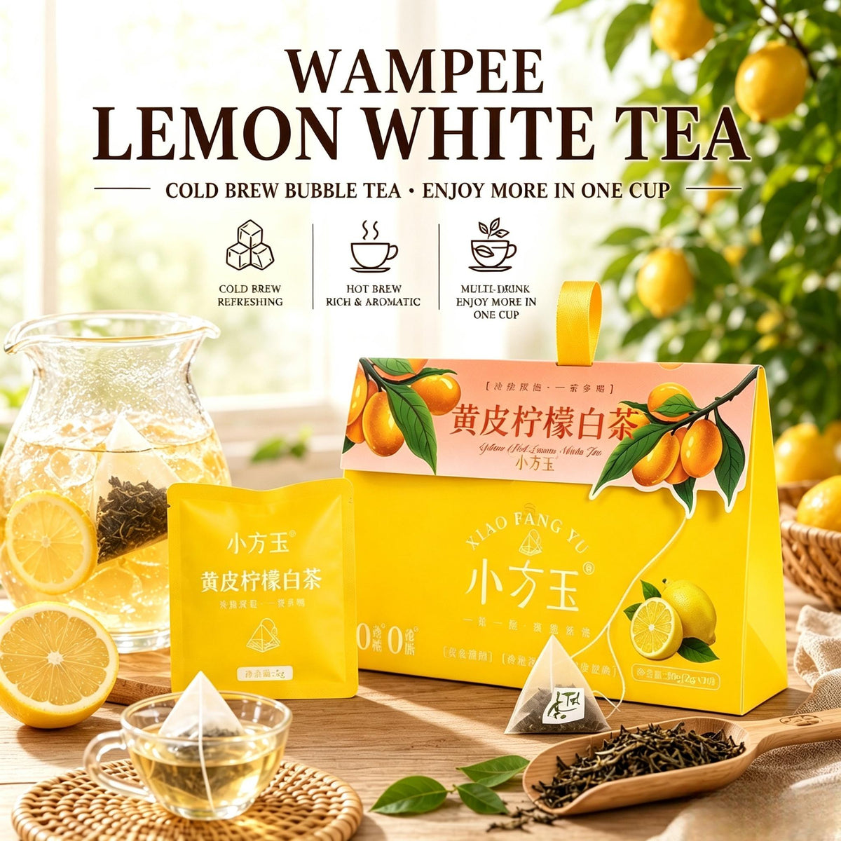 Wampee Lemon White Tea Beverage, 3g x 10 Bags, Clean Caffeine Citrus Fruit & Herbal Tea
